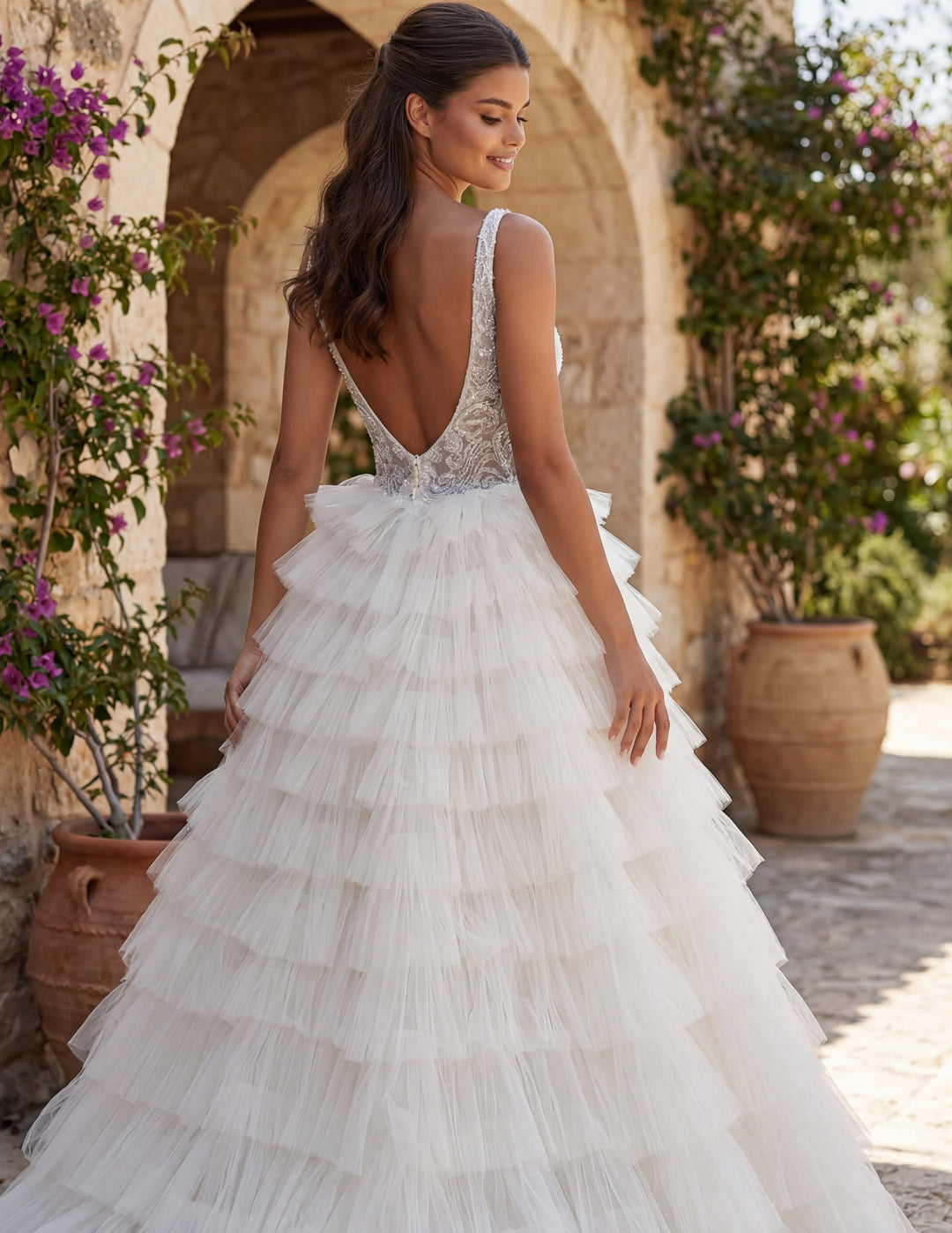 Deep V-Neck Floor-Length Tulle Bridal Ball Gown with Tiered Ruffle Skirt Jovani JB43318 - FOSTANI.com