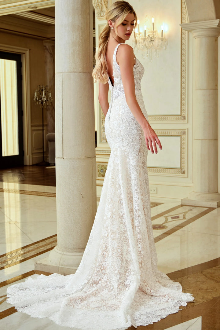 Jovani JB47331 Lace Sheath Wedding Dress with Plunging Neckline