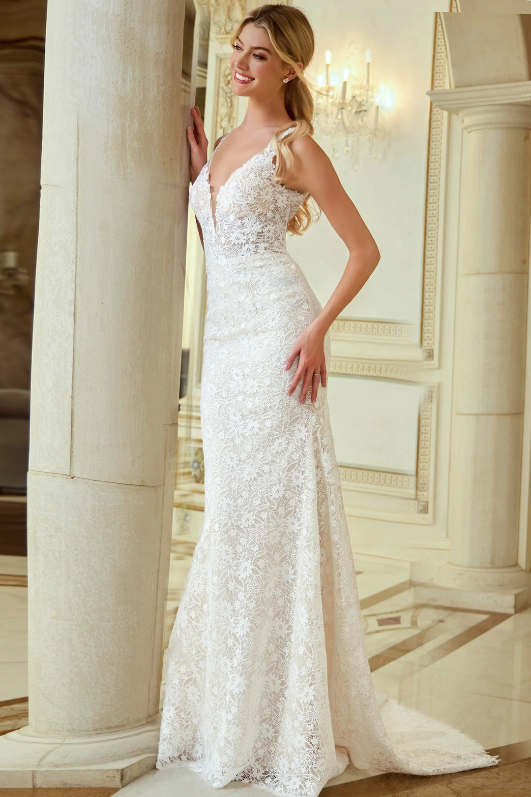 Jovani JB47331 Lace Sheath Wedding Dress with Plunging Neckline