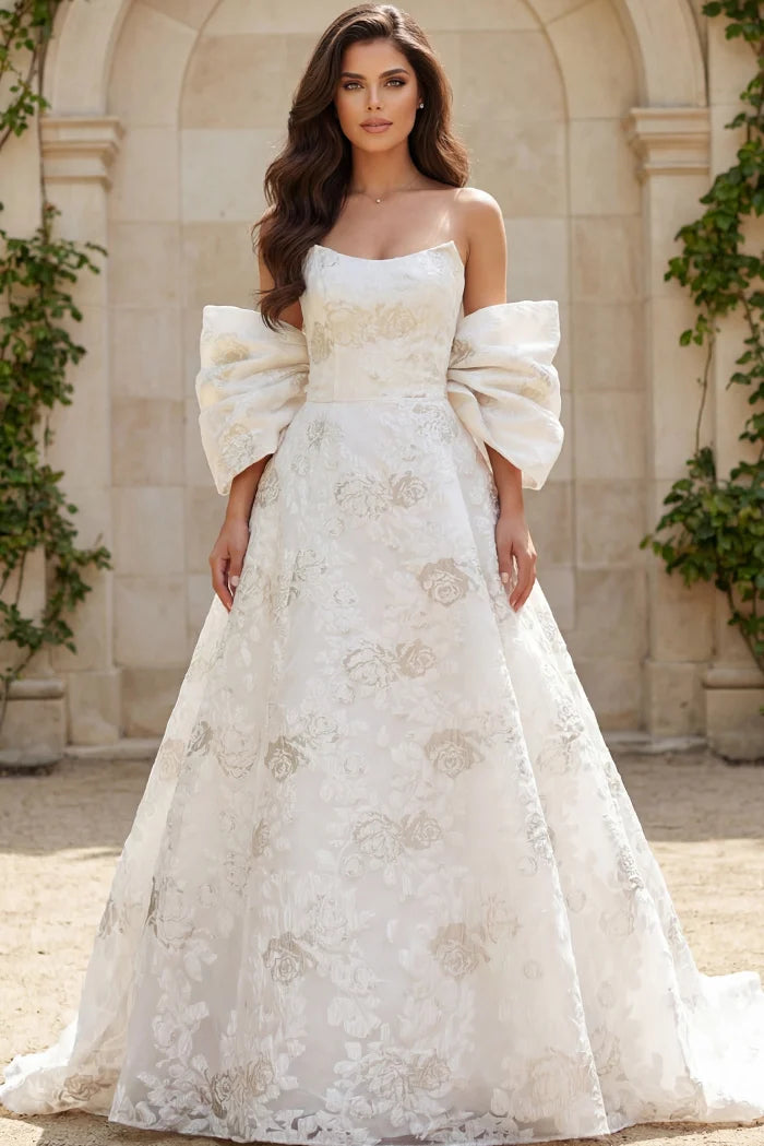 Jovani JB47701 Floral Brocade Ball Gown With Dramatic Bow Train