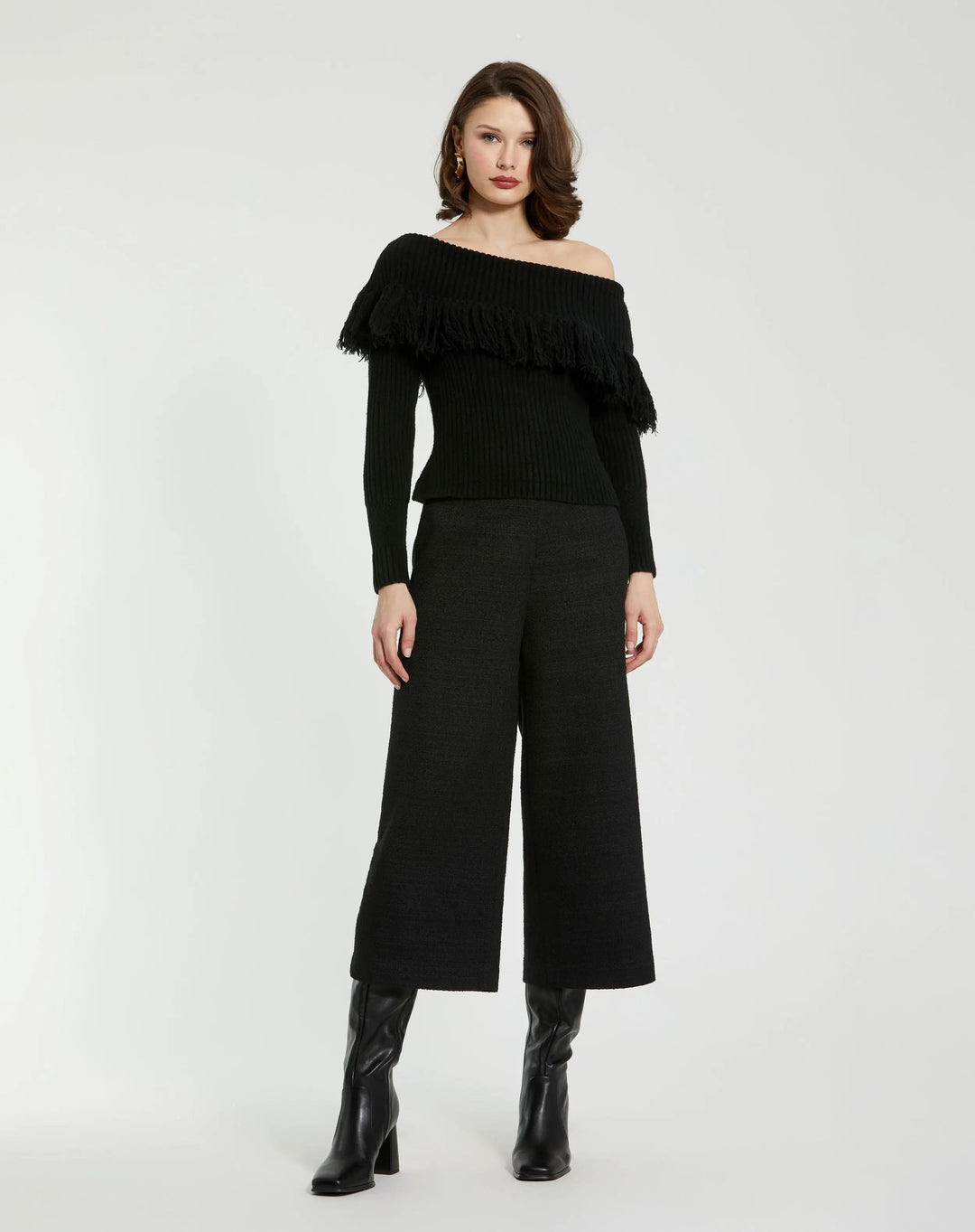 Mac Duggal K10025 Off The Shoulder Fringe Knit Sweater