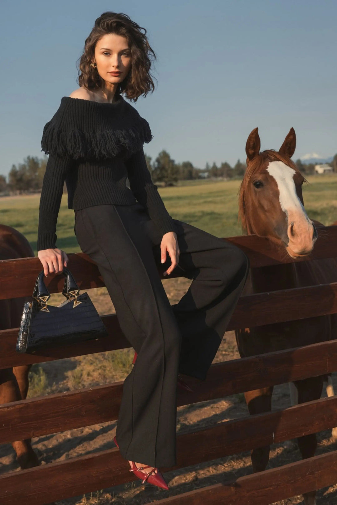 Mac Duggal K10025 Off The Shoulder Fringe Knit Sweater