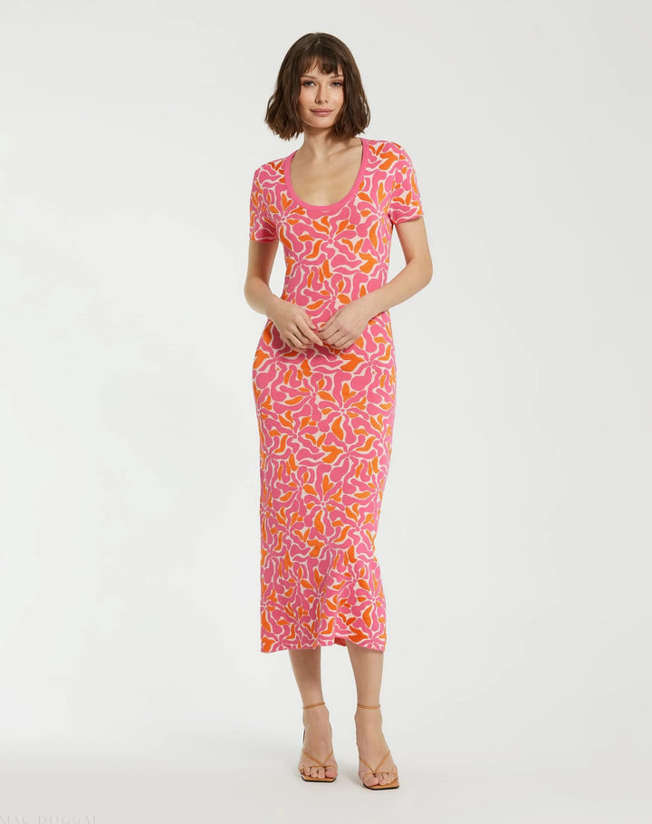 Mac Duggal K10045 Short Sleeve Scoop Neck Floral Knit Maxi Dress