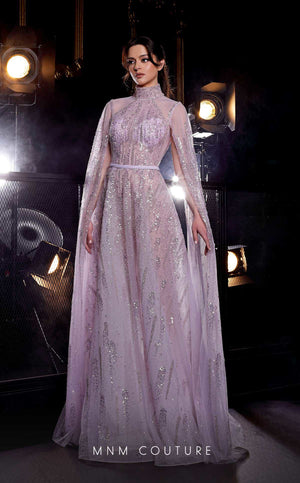 MNM Couture K3975 high-neck cape sleeve embellished A-line gown front view