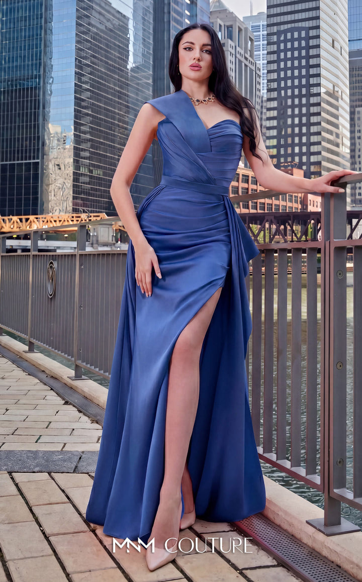 MNM Couture K3979A one-shoulder draped evening gown front view