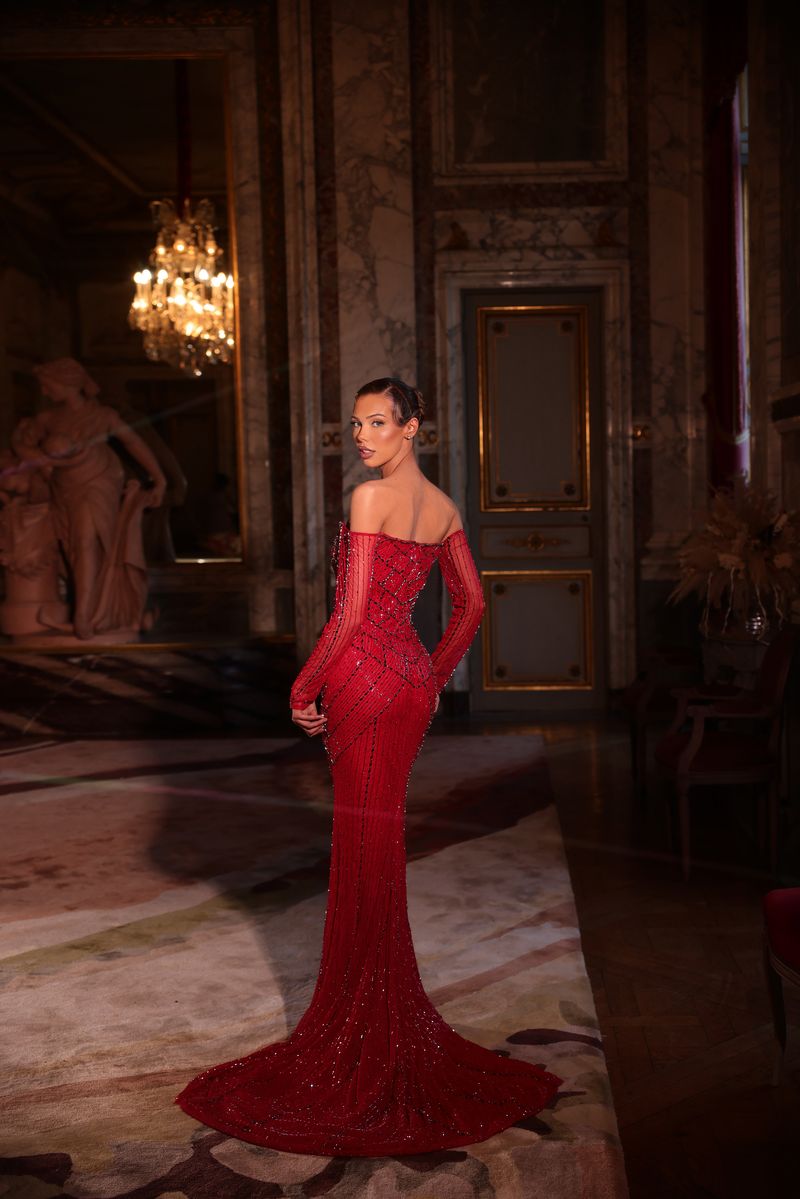 Chic & Holland HF110676 Off-Shoulder Beaded Couture Dress