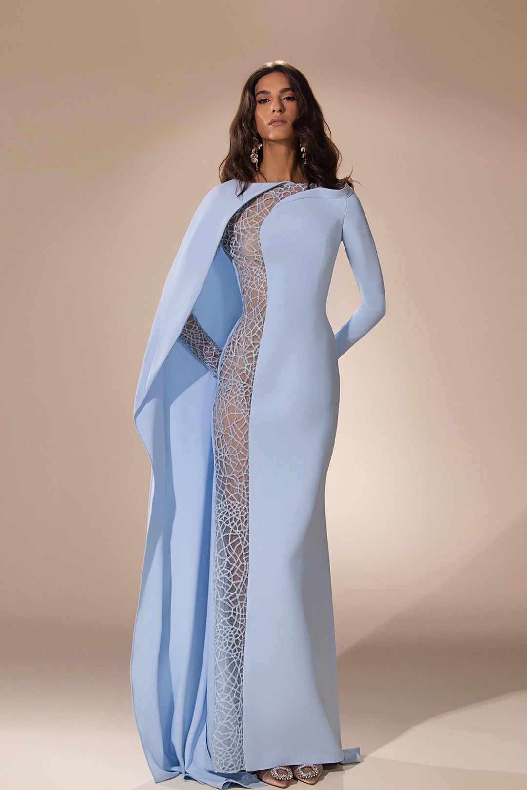 Column Dress with Cape and Midriff Sheer Detail - FOSTANI.com