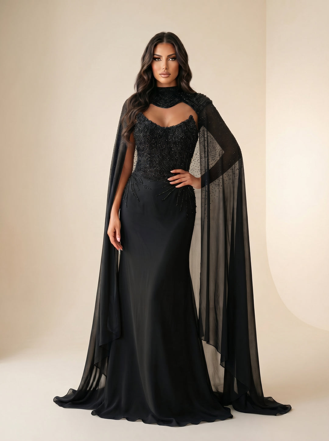 Modessa Couture MO26705 High Neck Sheer Cape Sleeves Structured Bodice Dress