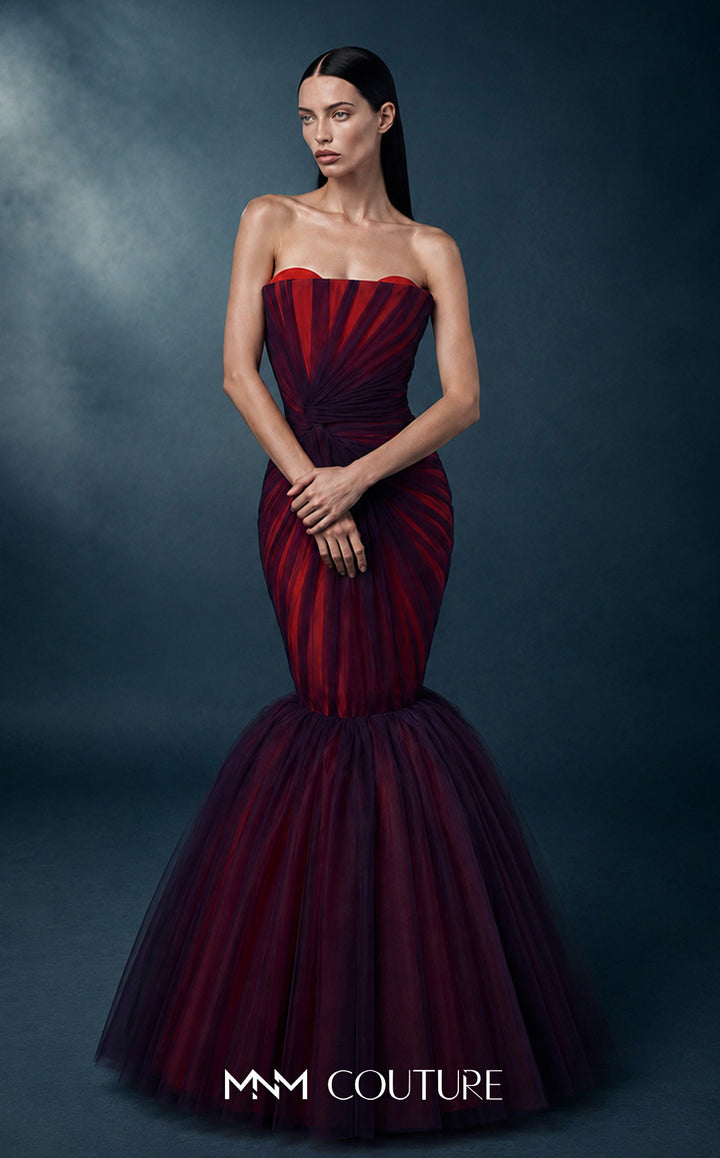 MNM Couture N0754 strapless scalloped sunburst pleated mermaid gown with knot waist full-length front view