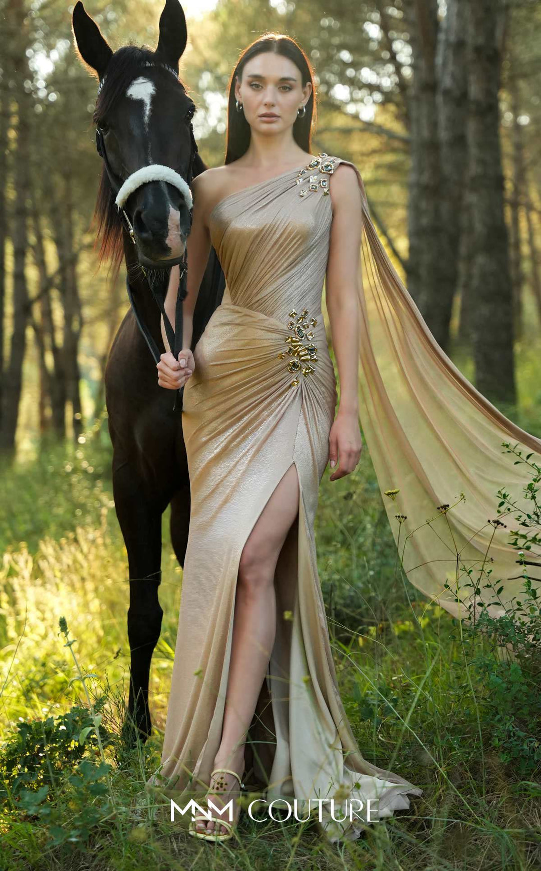 MNM Couture O07923 one-shoulder ruched draped column gown with cape front view