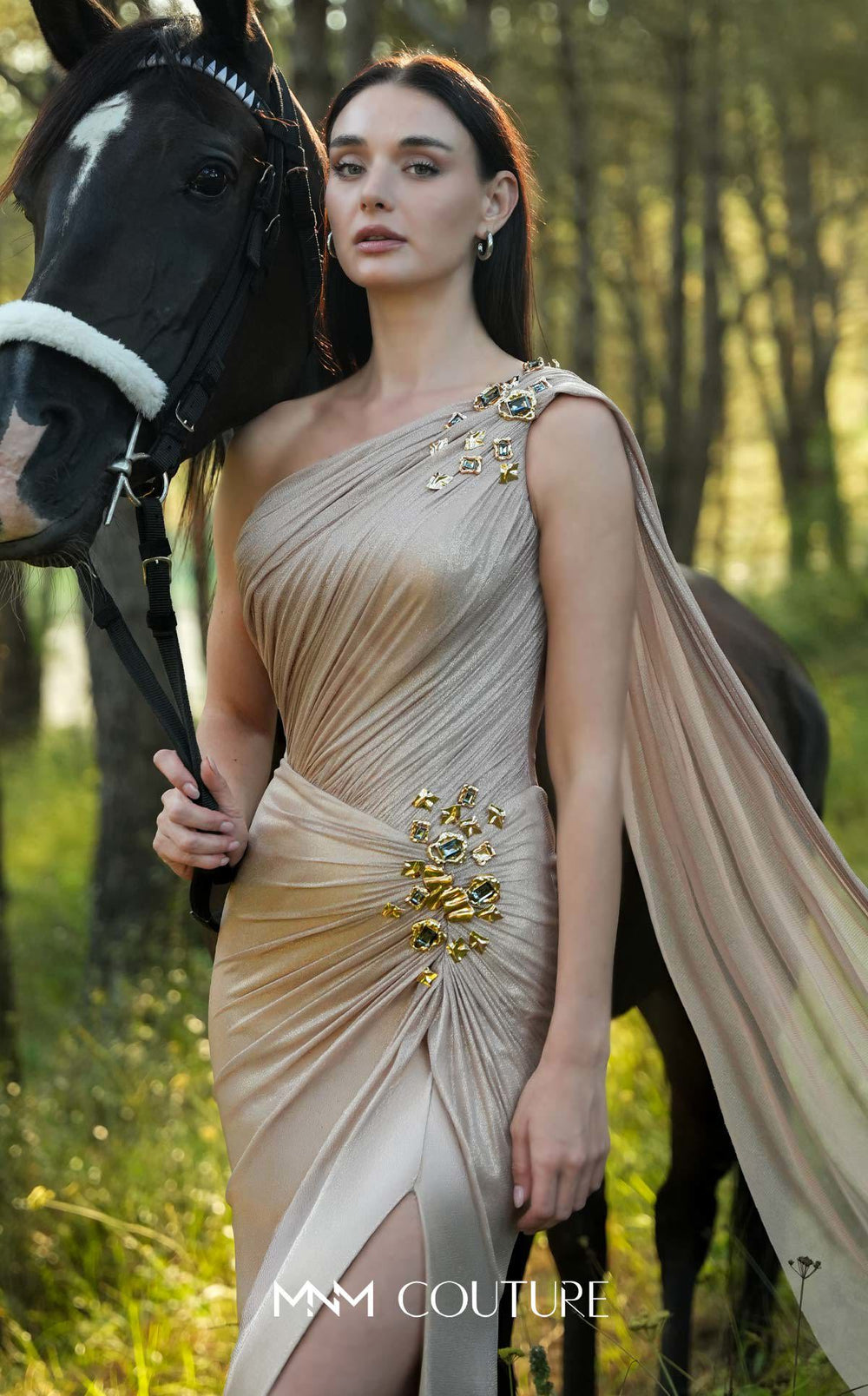 MNM Couture O07923 one-shoulder ruched draped column gown with cape bodice detail