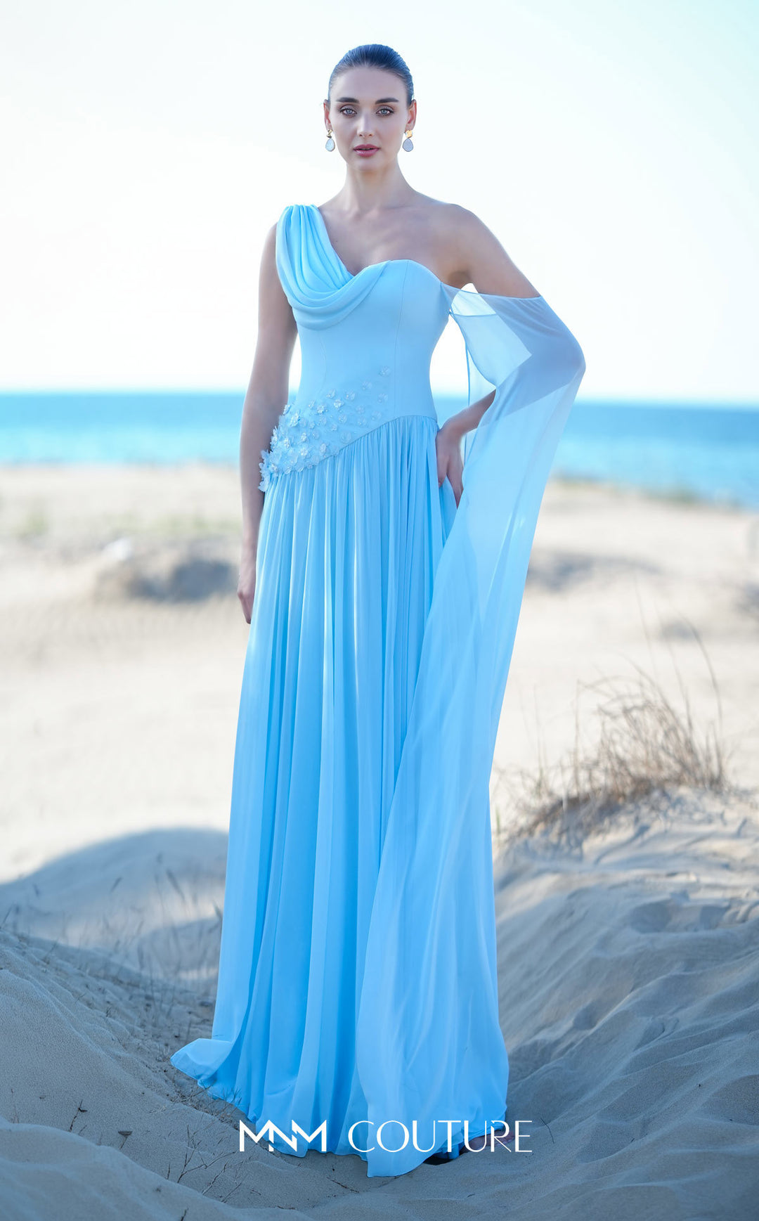 MNM Couture O09003 one-shoulder draped cowl A-line gown with floral appliqué front view