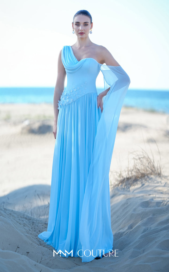 MNM Couture O09003 one-shoulder draped cowl A-line gown with floral appliqué front view