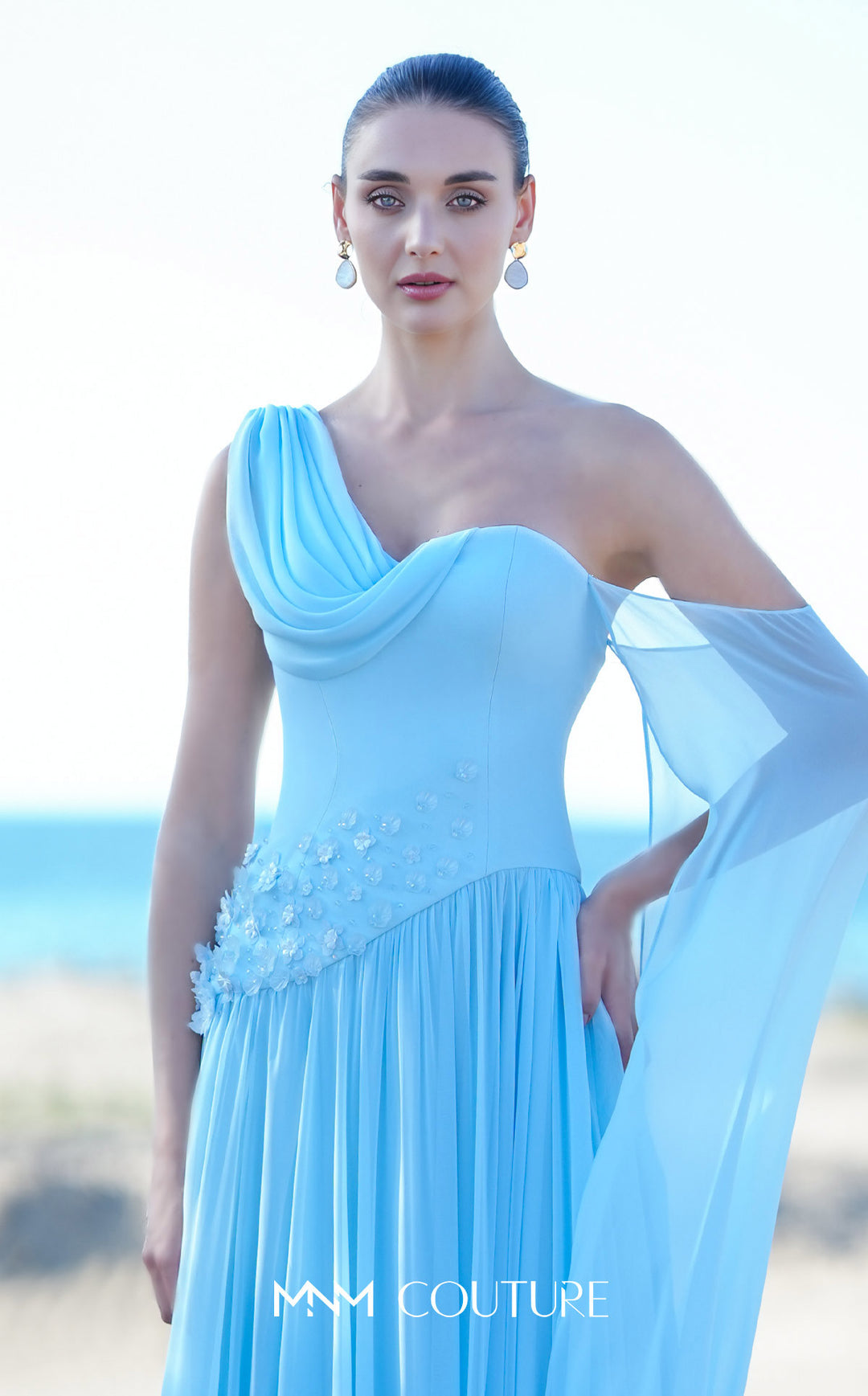 MNM Couture O09003 one-shoulder draped cowl A-line gown with floral appliqué bodice detail