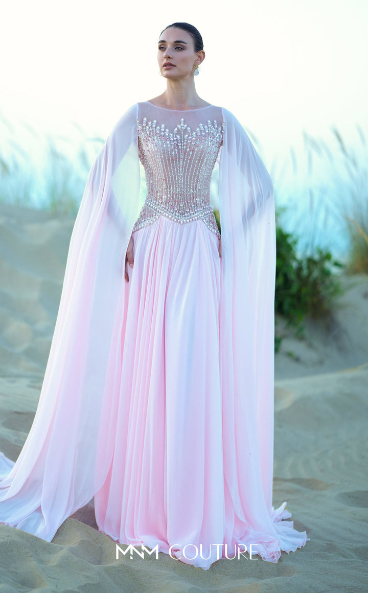 MNM Couture O09004 illusion bateau beaded corset bodice A-line gown with cape sleeves front view