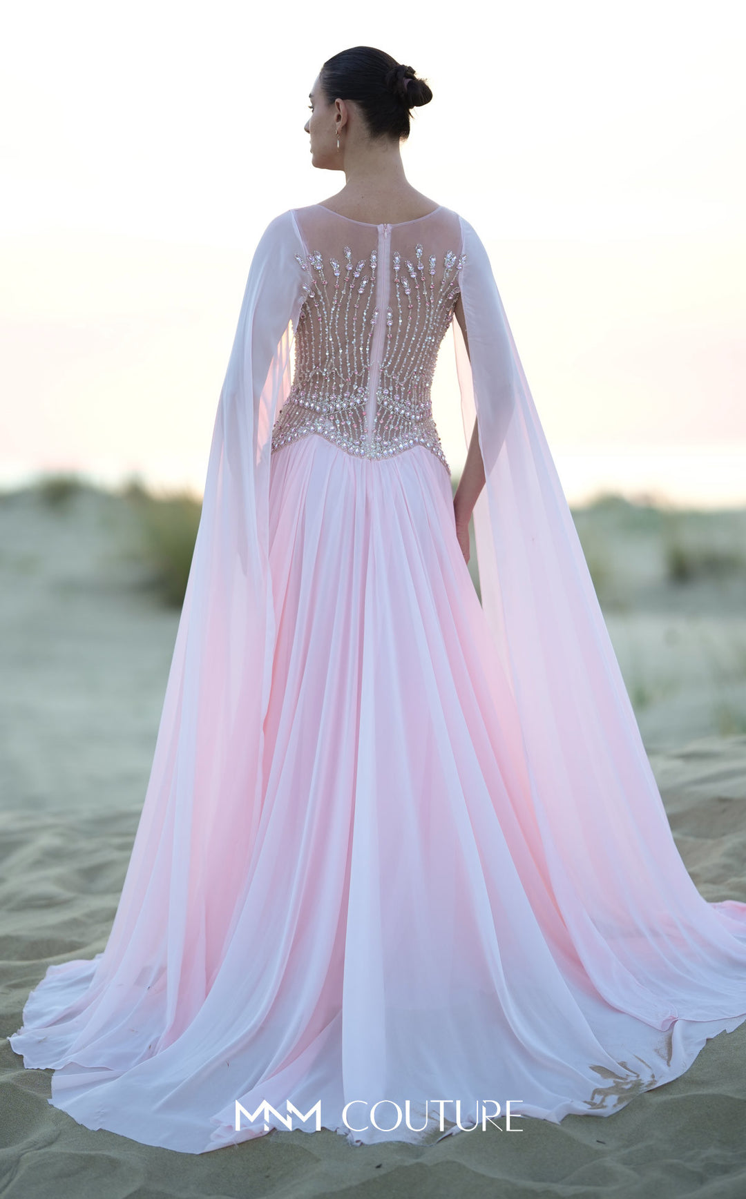 MNM Couture O09004 illusion bateau beaded corset bodice A-line gown with cape sleeves back view
