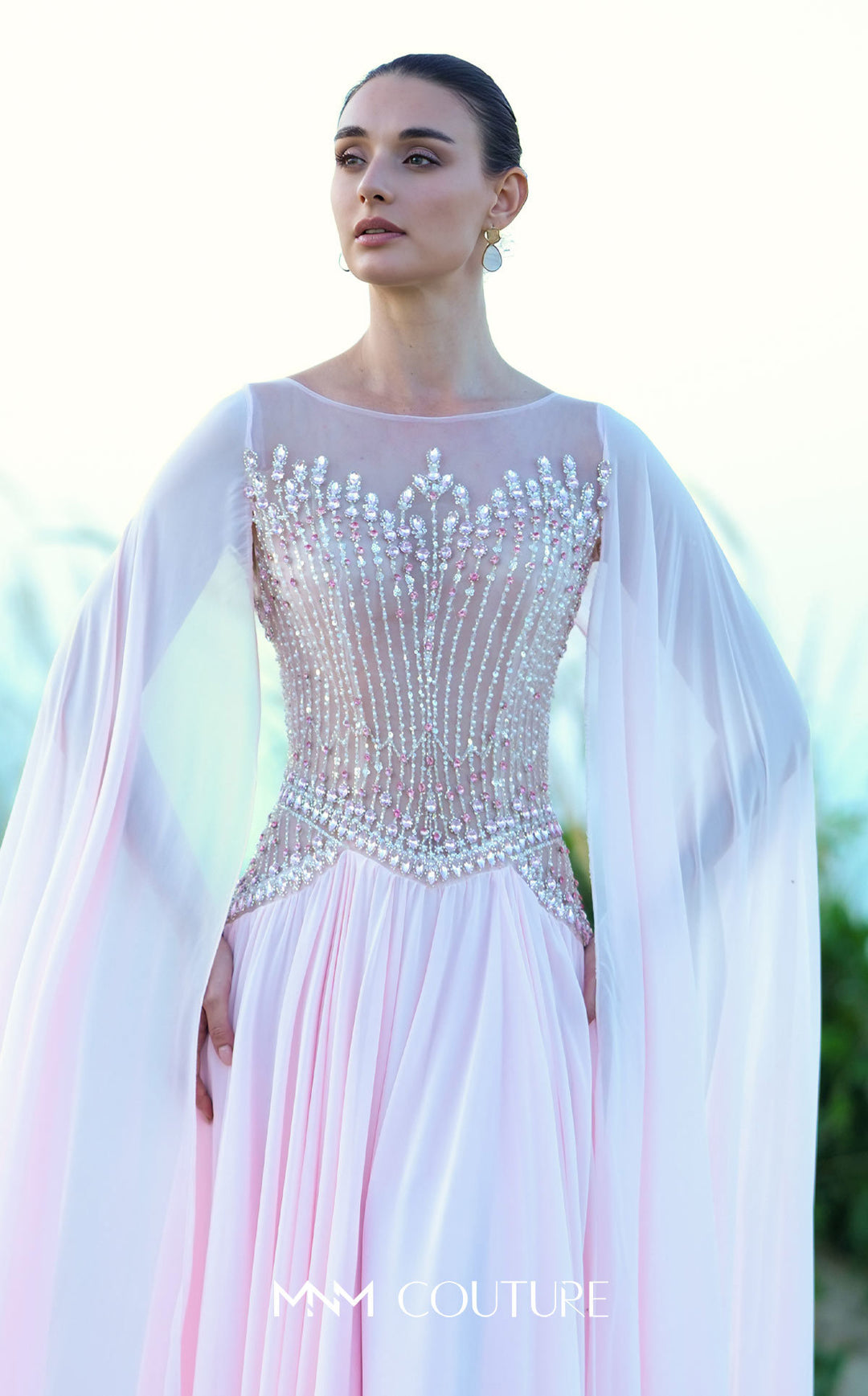 MNM Couture O09004 illusion bateau beaded corset bodice A-line gown with cape sleeves bodice detail