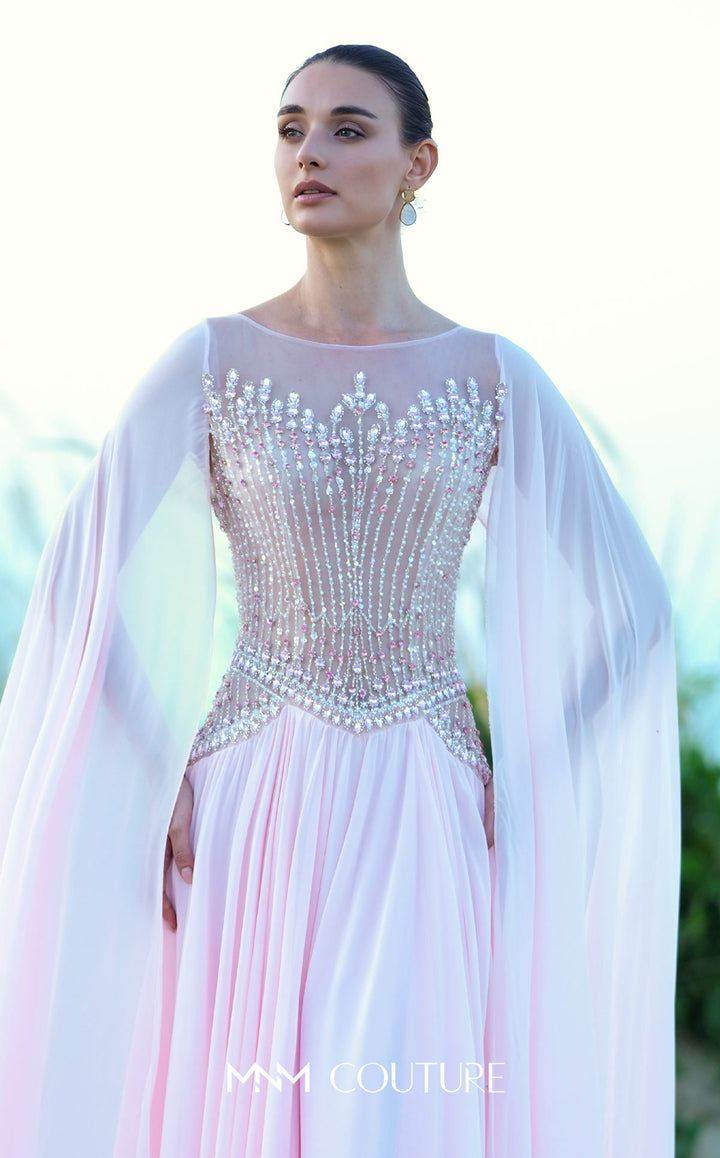 MNM Couture O09004 illusion bateau beaded corset bodice A-line gown with cape sleeves bodice detail