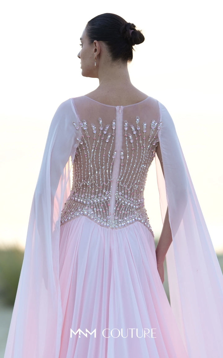 MNM Couture O09004 illusion bateau beaded corset bodice A-line gown with cape sleeves back detail