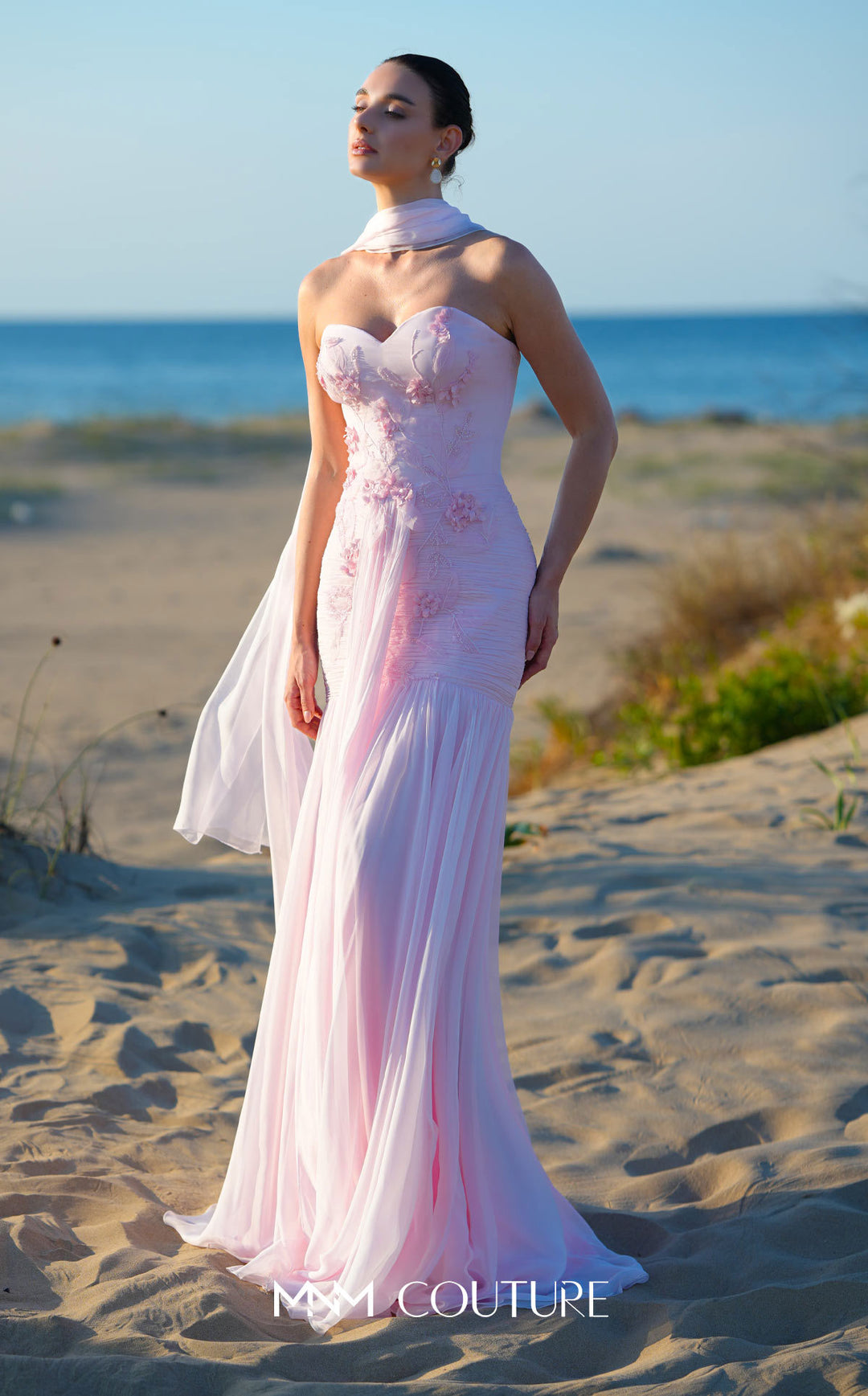 MNM Couture O09005 strapless sweetheart ruched column gown with 3D floral appliqués front view