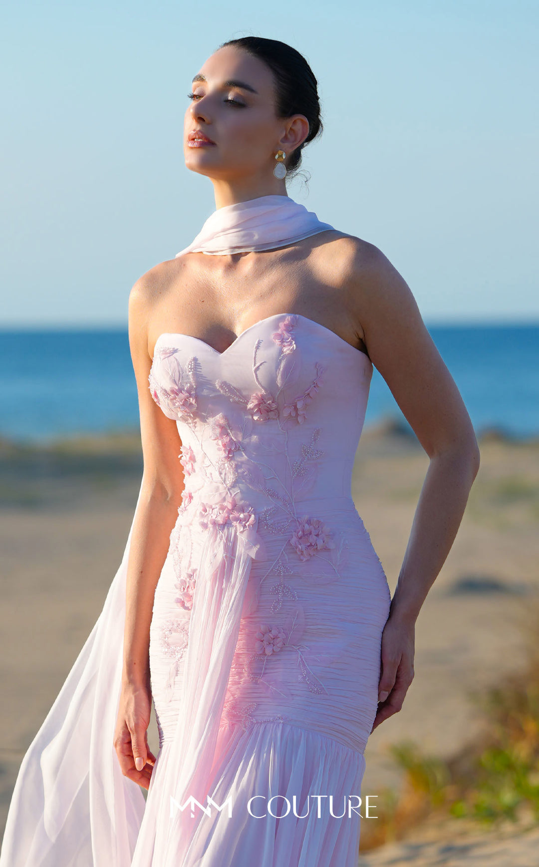 MNM Couture O09005 strapless sweetheart ruched column gown with 3D floral appliqués bodice detail