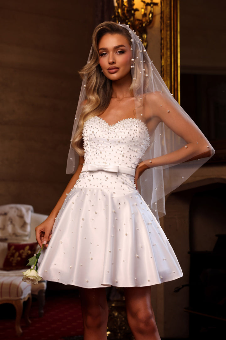 Portia & Scarlett PS26514 pearl bow bridal mini dress additional view