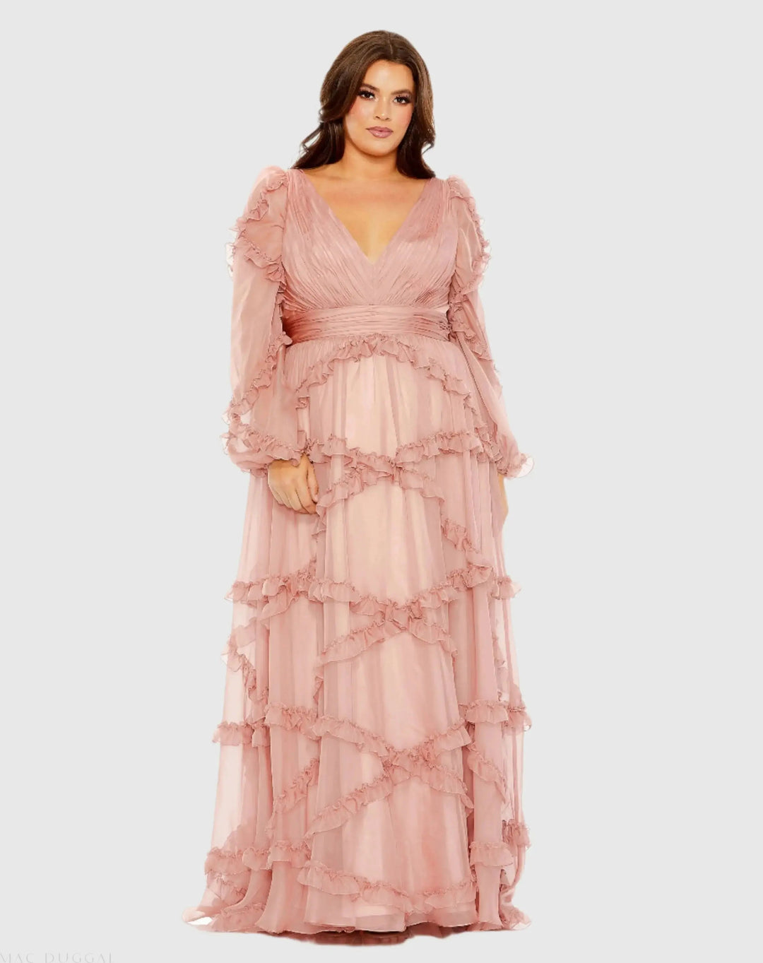 Mac Duggal 68425 V Neck Ruffle Tiered Puff Sleeve Gown (Plus)