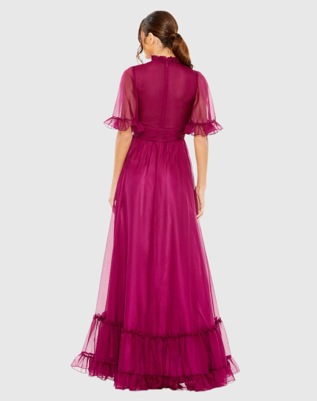 Mac Duggal 68229 Ruffled Mock Neck Flutter Sleeve High Low Hem Gown