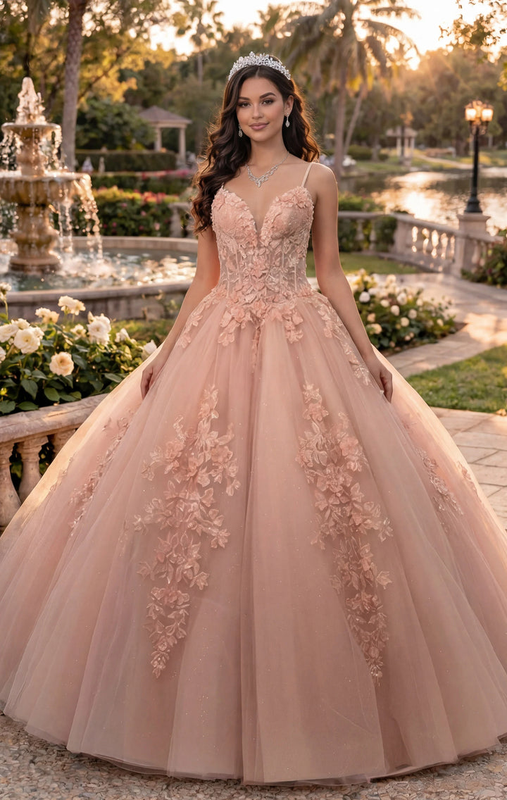 JovaniQ43431 Rose Gold Quinceañera Dress with Floral Appliques