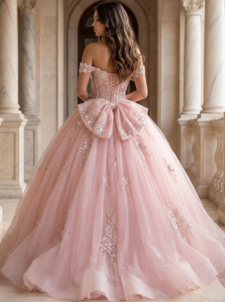 Jovani Q43434 Off Shoulder Ball Gown with Lace Appliqués