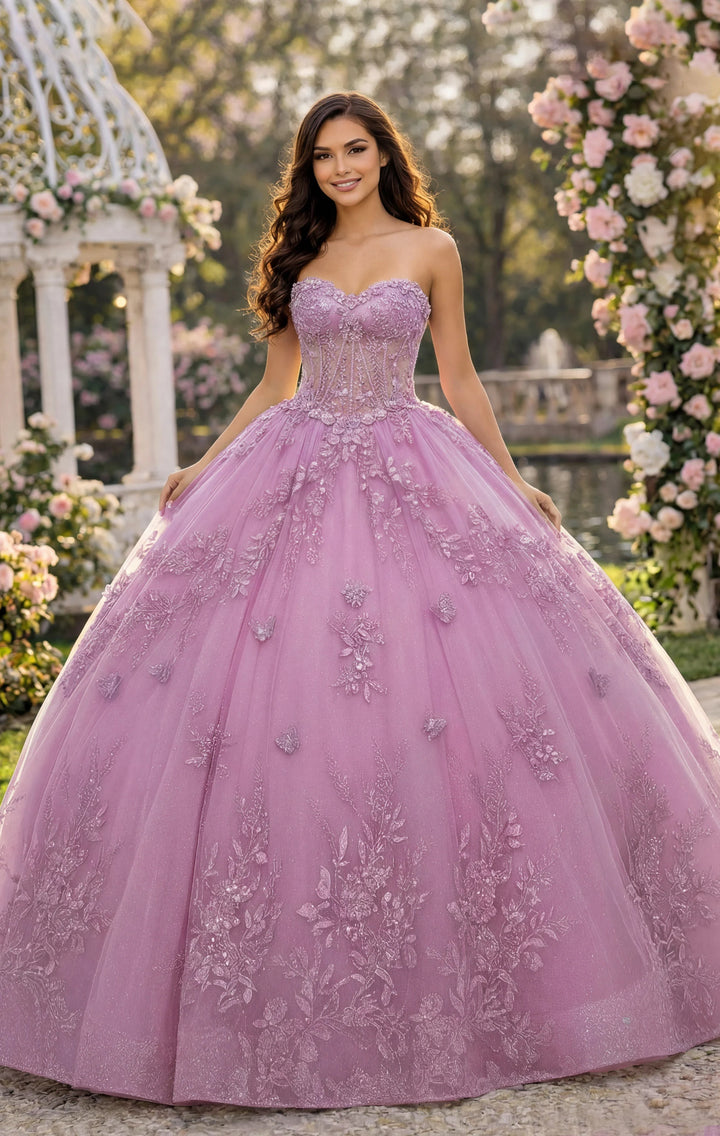 Jovani Q43812 Strapless Lavender Ball Gown with Floral Lace