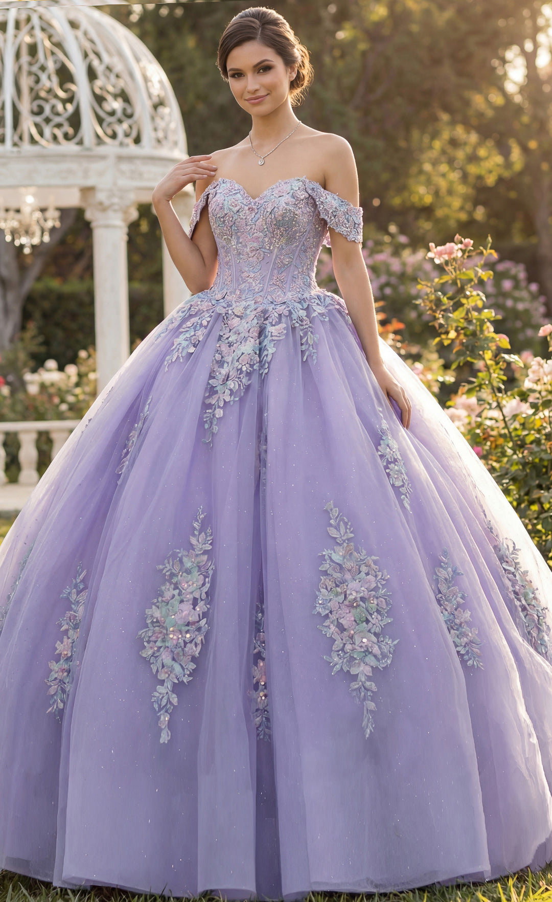 Jovani Q44960 Ball Gown with Off Shoulder Floral Embellishments