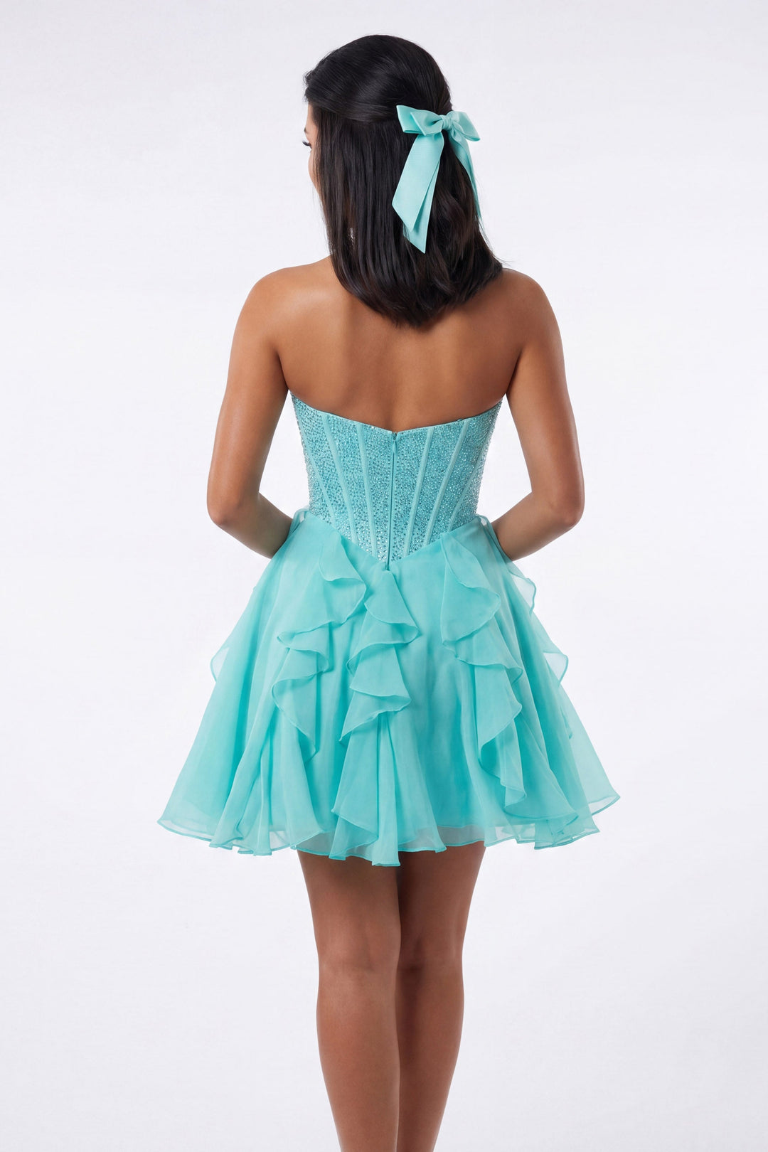 Portia & Scarlett XO217 corset cascading ruffle homecoming dress additional back view