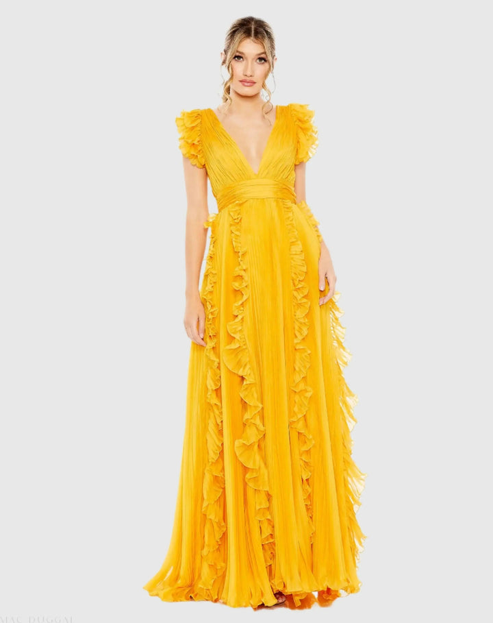Mac Duggal 49539 Pleated Ruffle Cap Sleeve Flowy A Line Gown