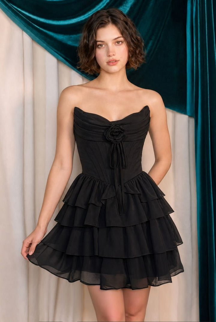 Andrea & Leo Couture A1521 Strapless Corset Tiered Ruffle Mini Dress with Rosette Detail