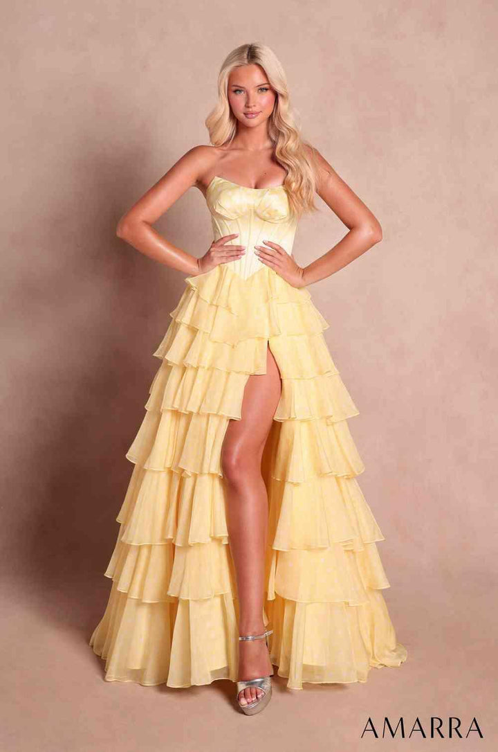 Amarra 89815 corset prom dress with high slit front view