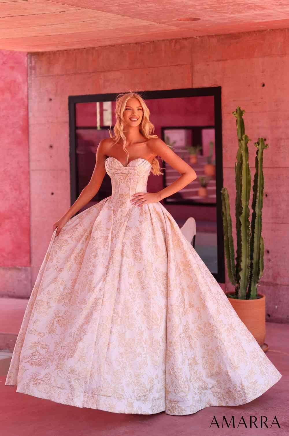 Amarra 89839 strapless floral print prom ball gown front view