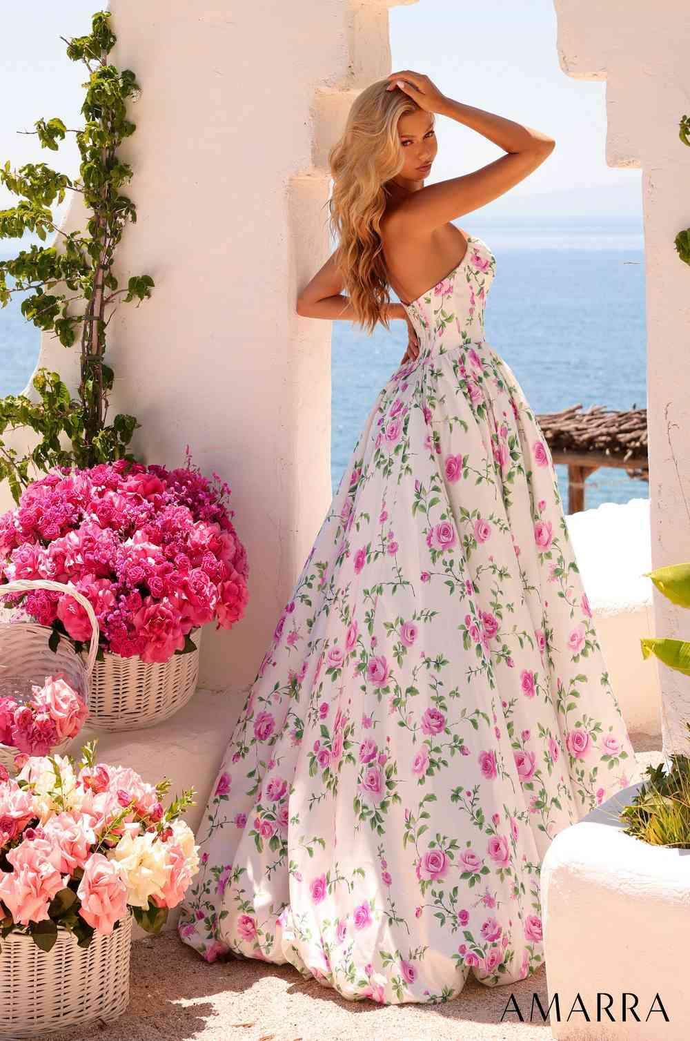 Amarra 89932 full A-line floral gown back view