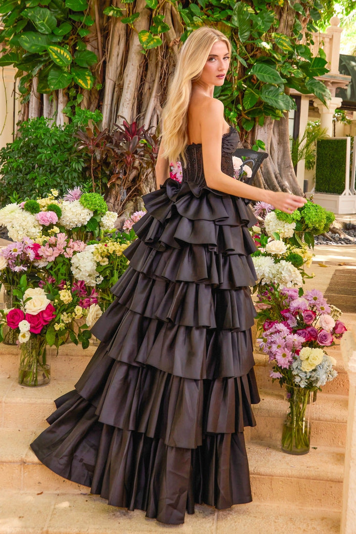 Ava Presley 47372 lace corset ruffle ball gown back view
