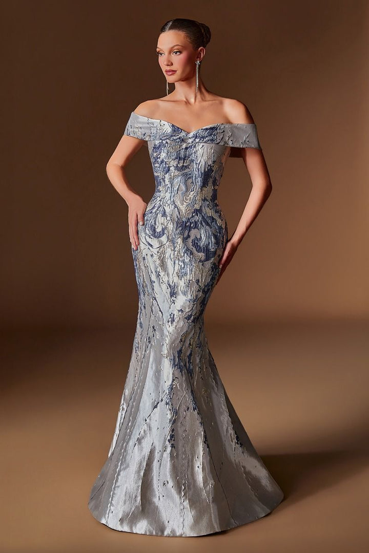 Ladivine CD0107 Off-Shoulder Textured Mermaid Gown with Fold-Over Neckline