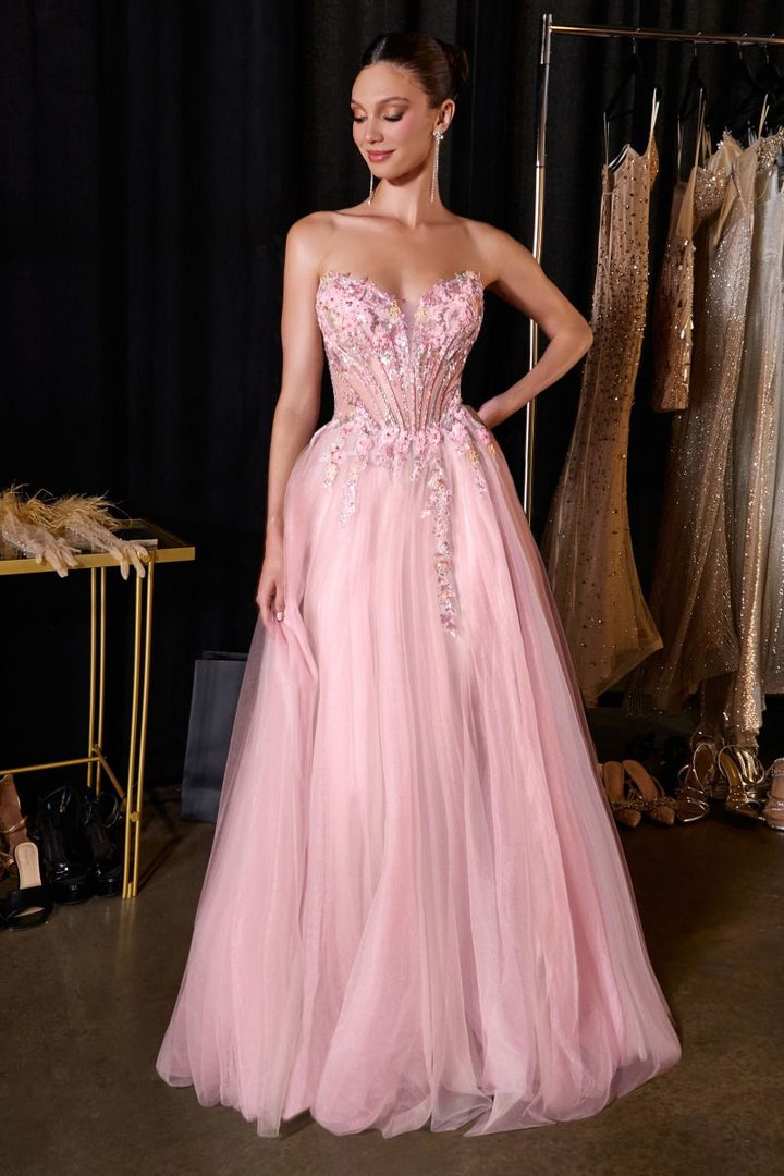 Ladivine CD2418 sweetheart corset ball gown, pink, front view