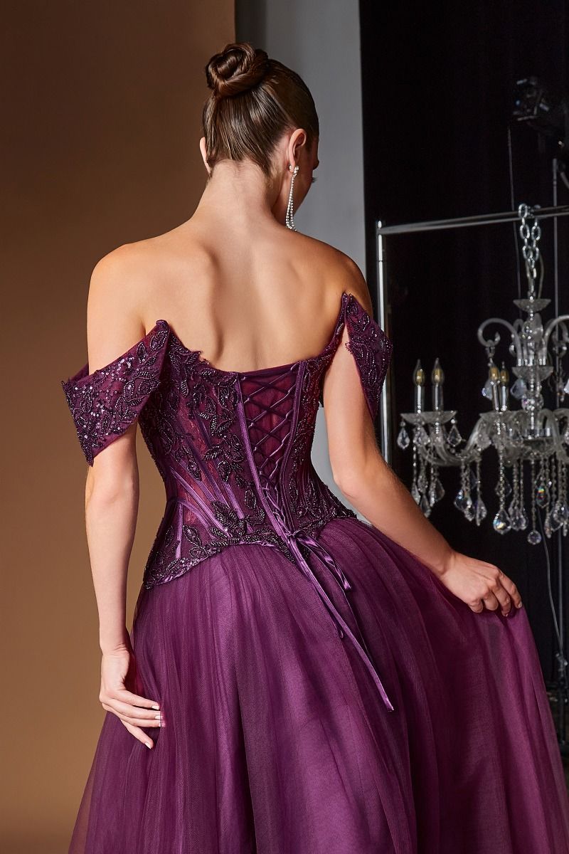Ladivine CD657 Off-Shoulder Embellished Corset A-Line Ball Gown with Lace-Up Back