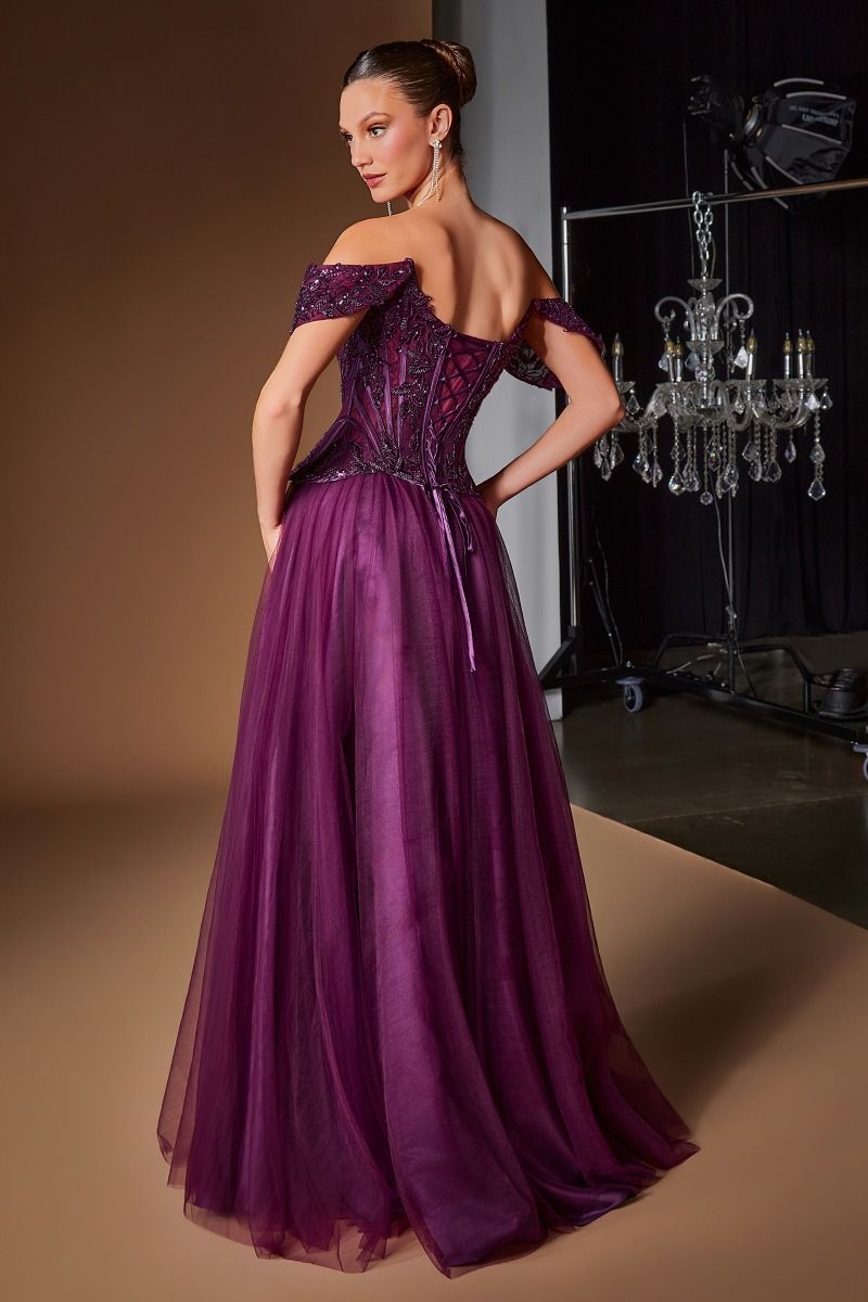 Ladivine CD657 Off-Shoulder Embellished Corset A-Line Ball Gown with Lace-Up Back