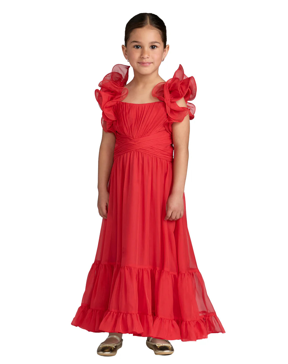 Mac Duggal 68669 Girls Pink Floral Chiffon Ruffle Shoulder Dress