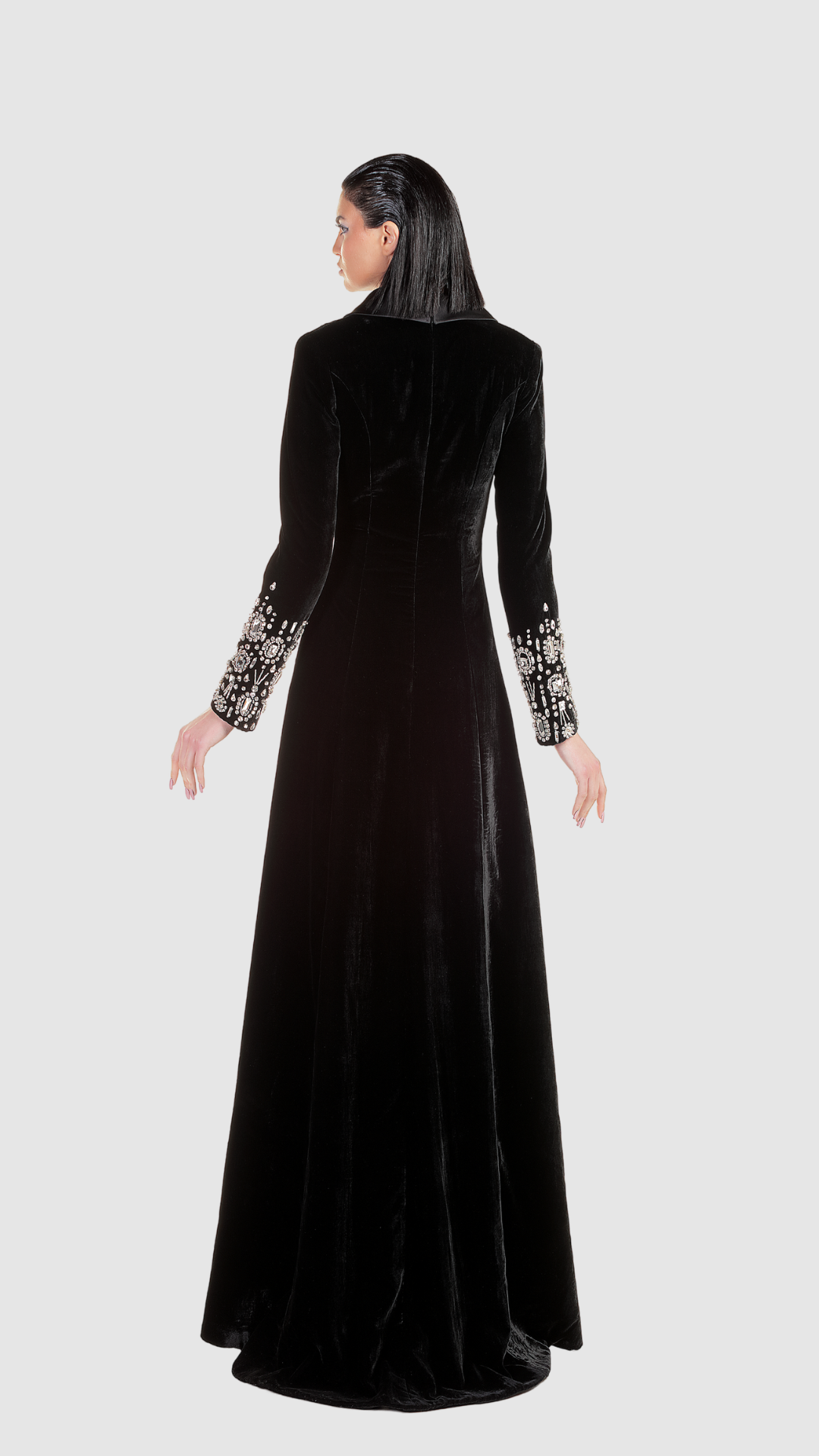 Edward Arsouni 1151 long sleeve evening dress back view with beaded cuffs