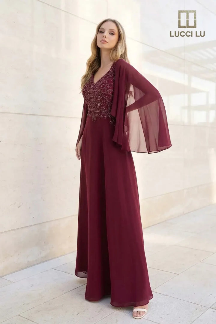 Lucci Lu 6047W V Neck Long Sleeve Back Zipper Mother of the Bride Dress
