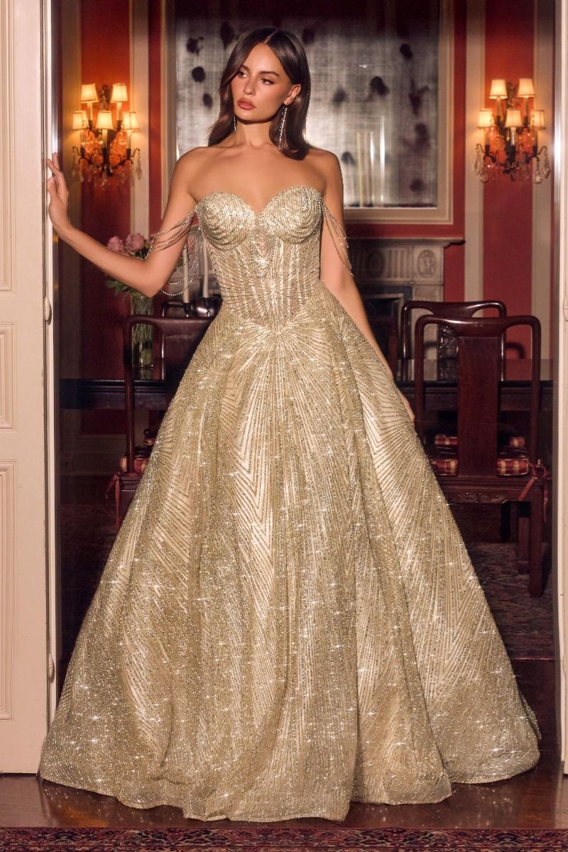 Ladivine J915 Strapless Sweetheart Corset Fully Glittered Beaded A Line Prom 2026 Dress