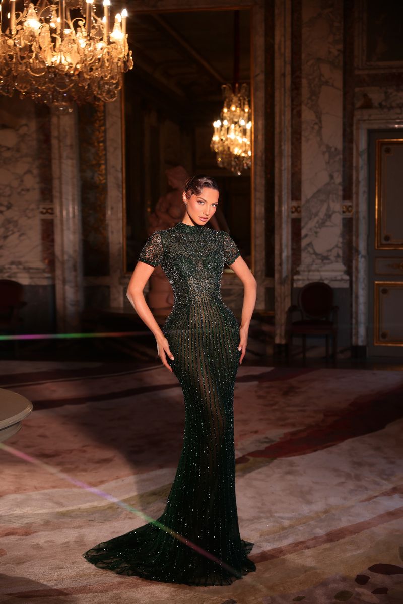 Chic & Holland HF110633 Mock Neckline Short Sleeves Ornate Linear Beaded Sheath Couture Dress
