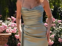 Amoris T826 Spaghetti Strap Cowl Neck Column Dress with High Slit and Lace-Up Back