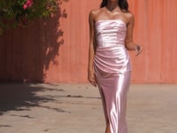 Amoris T745 Strapless Ruched Column Dress with High Slit and Lace-Up Back